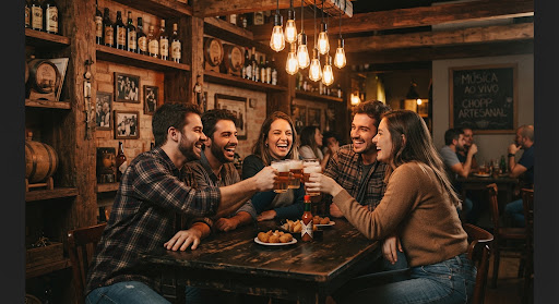 Bar acolhedor com clientes brindando